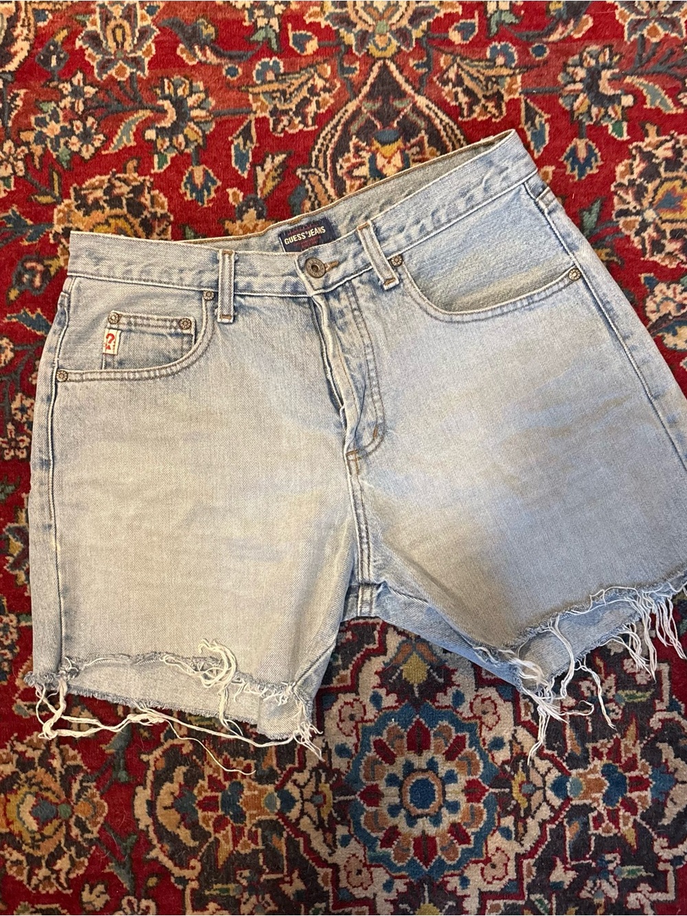 Guess Light Wash Frayed Hem Denim Shorts